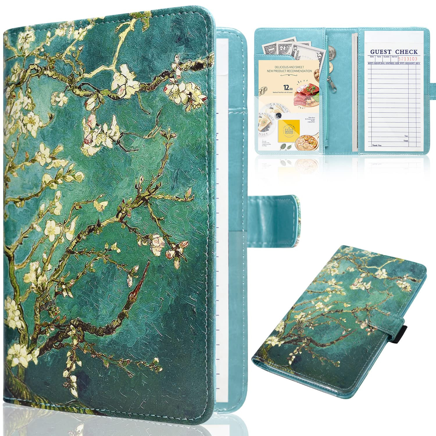 Leather Waitress Book Organizer - Server Wallet with Zipper (Almond Blossom)