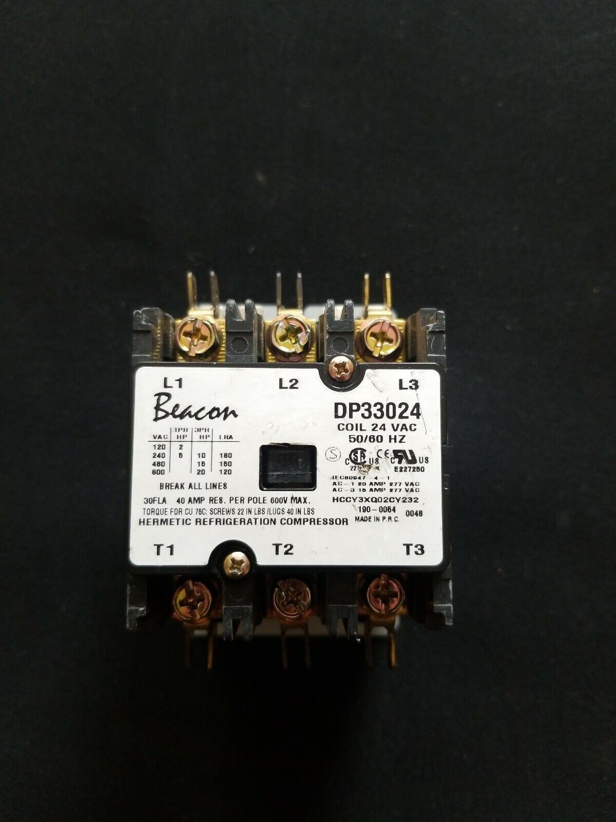 Beacon DP33024 Coil 24 vac 50/60 HZ Contactor