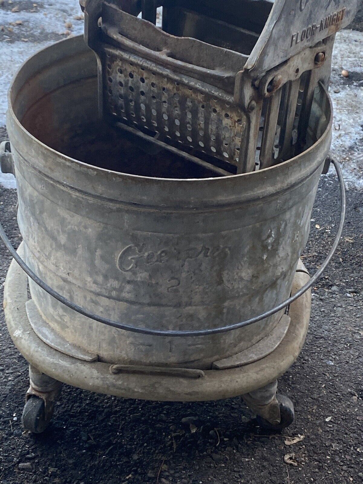 Vintage Galvanized Steel Mopping Bucket on Casters & Mop Wringer