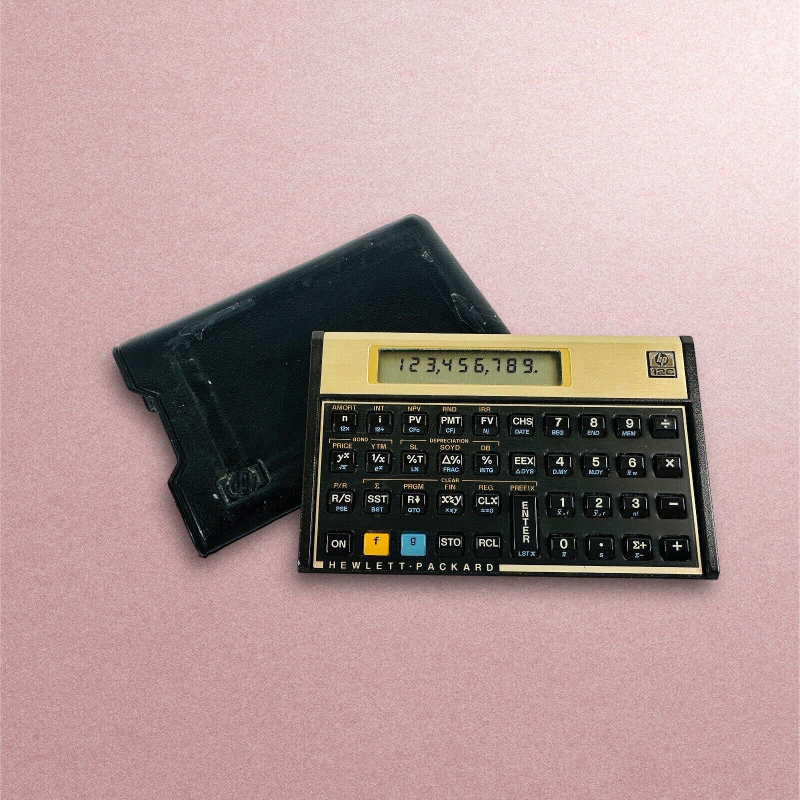 Vintage Hewlett Packard 12C Gold Financial calculator + Official HP Slip Case