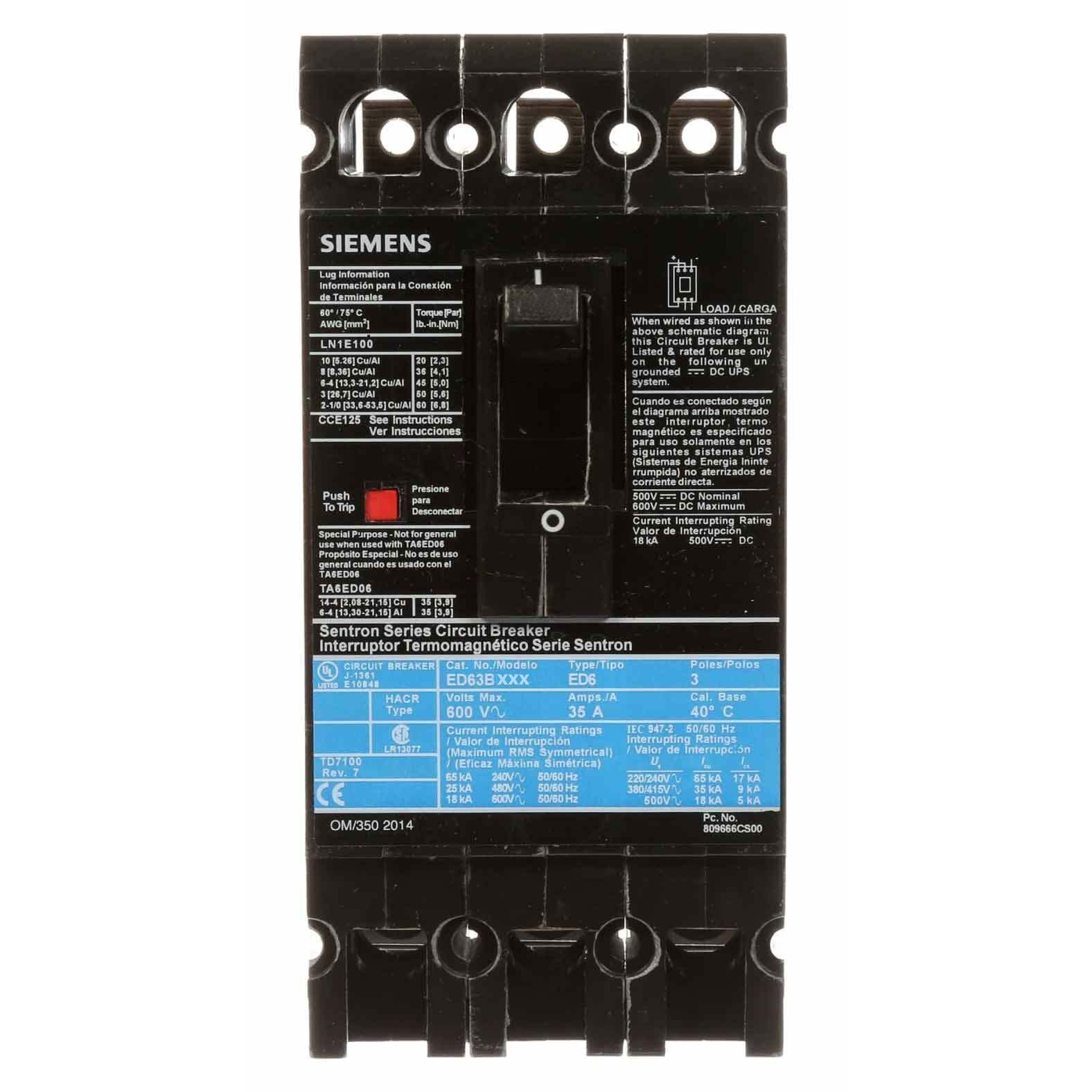 ED63B050L - Siemens 50 Amp 3 Pole 600 Volt Molded Case Circuit Breaker