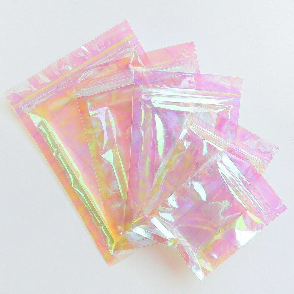 Multi-size Double-Side Glossy Holographic Pink Mylar Flat Zip Lock Pouch Bag