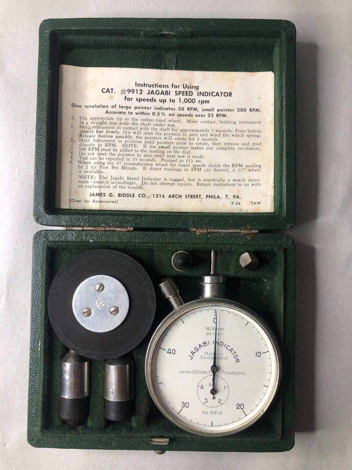 Jagabi Speed Indicator James G. Biddle Co Switzerland Made No 9912 Box Vintage