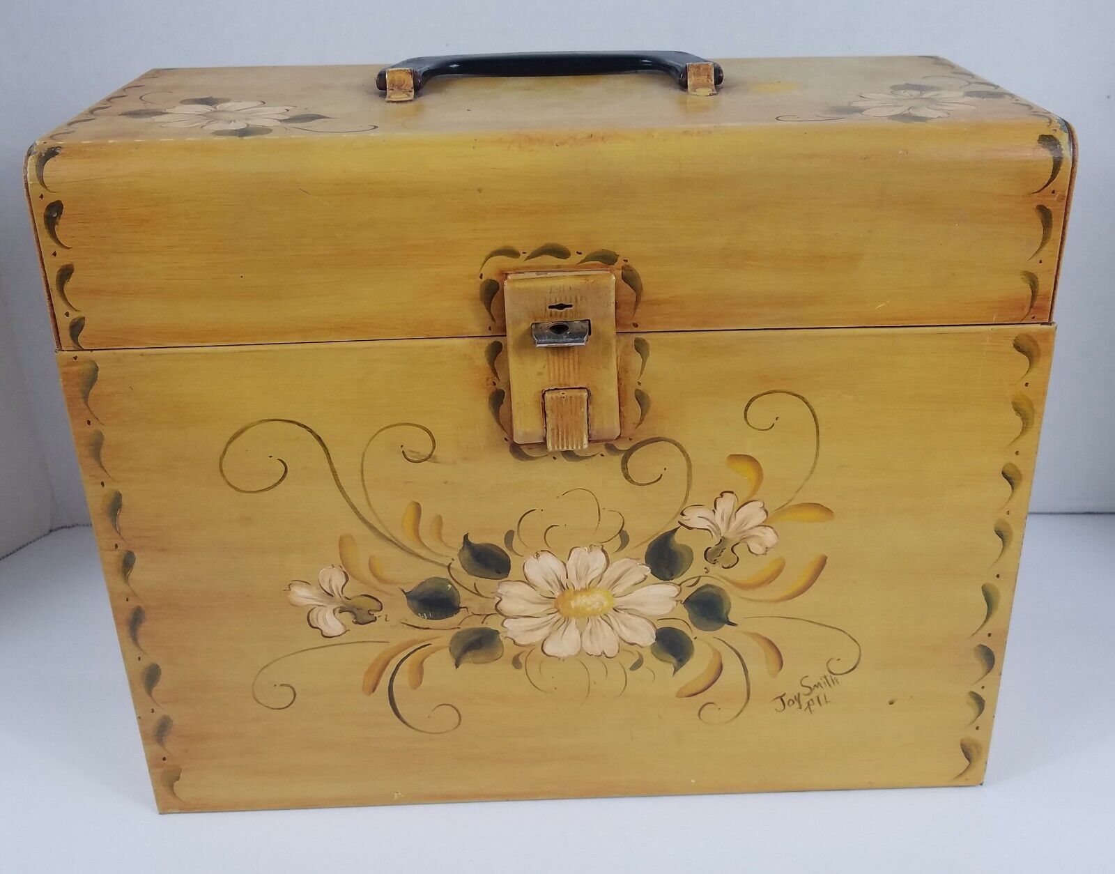 Hand Painted Storage File Recipe Cabinet Metal Floral Signed Artist Office vtg