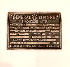 Vintage General Electric Synchronous Motor ID Name Plate Thick Brass Advertising picture