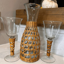 Vintage | Mid Century Boho Rattan & Glass Carafe and wine glasses picture