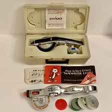 Vintage Tapewriters Dymo Deluxe 1570 and DymoMite M22, instructions, tape, Work picture