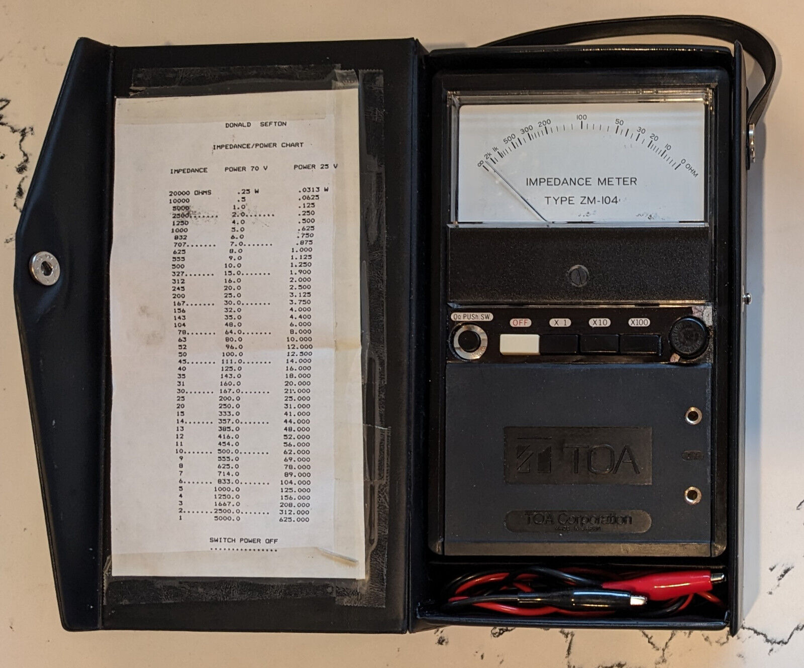 TOA ZM-104 Impedance Meter Handheld Battery Operated Japan  with Case & Leads