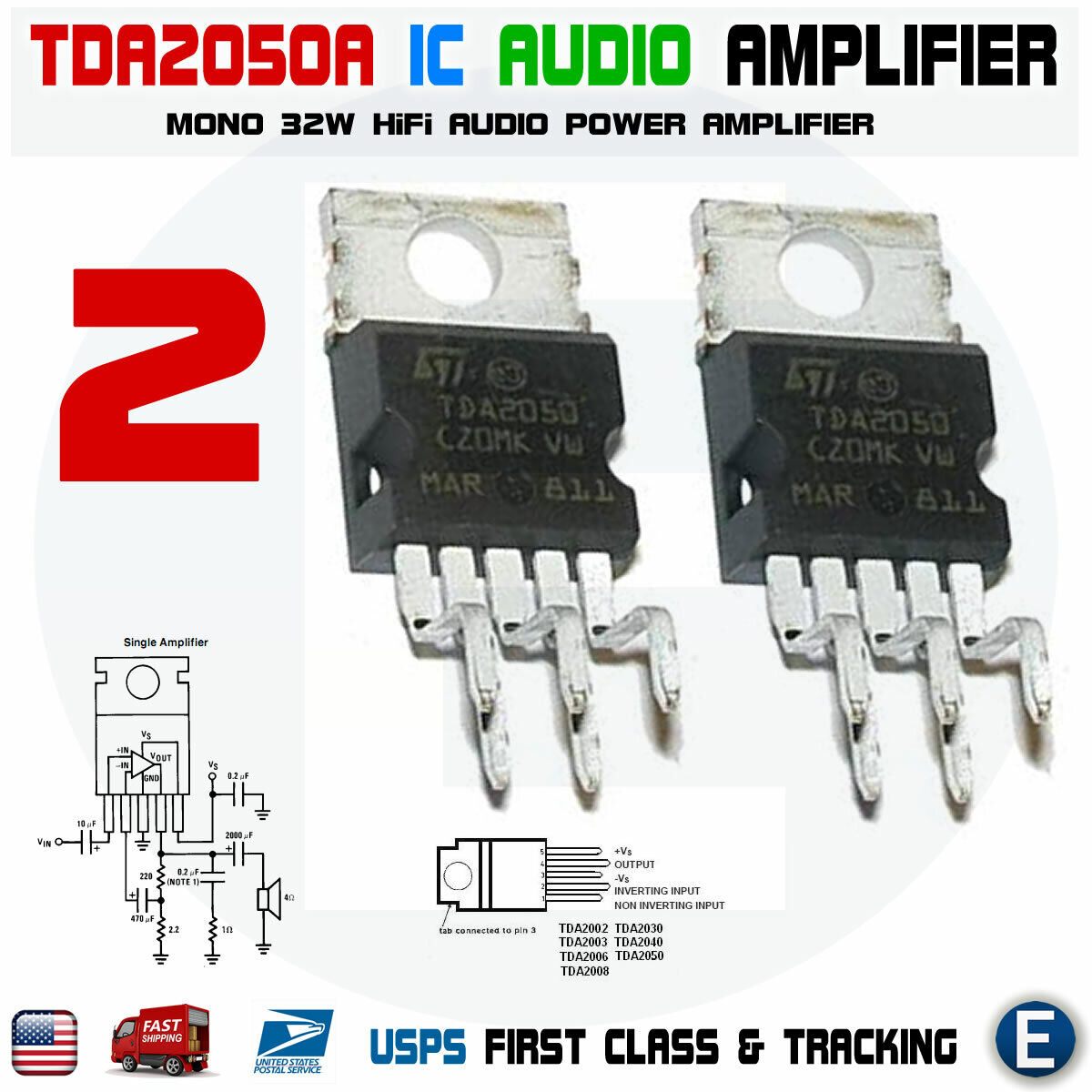 2pcs TDA2050A TDA2050 32W Hi-Fi Audio Power Amplifier IC USA seller