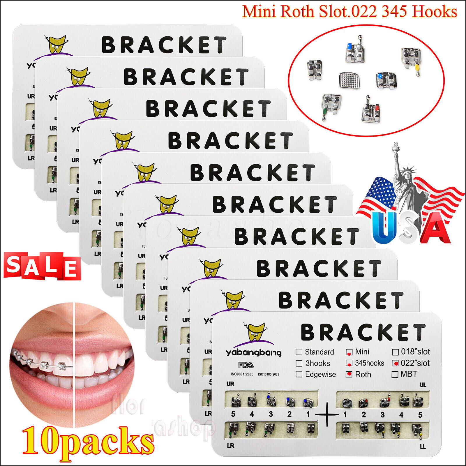 10packs Dental Orthodontic Brackets Braces Mini Roth Slot 022 345 Hook #2 200PCS
