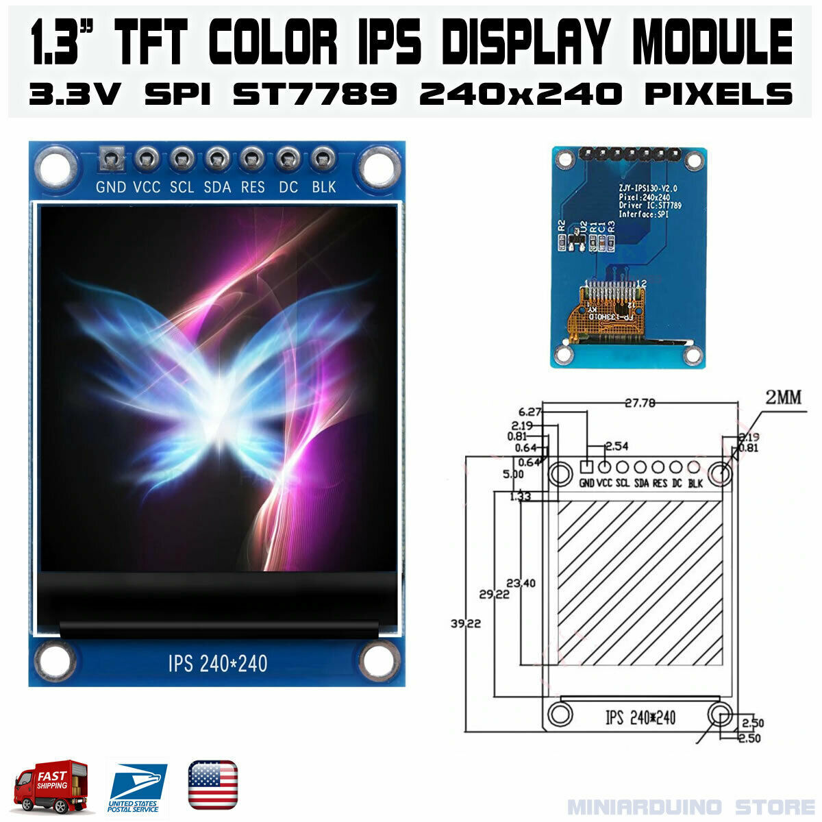 1.3 Inch Color IPS TFT LCD Display Screen Module ST7789 7 Pin 4 Wire SPI Port