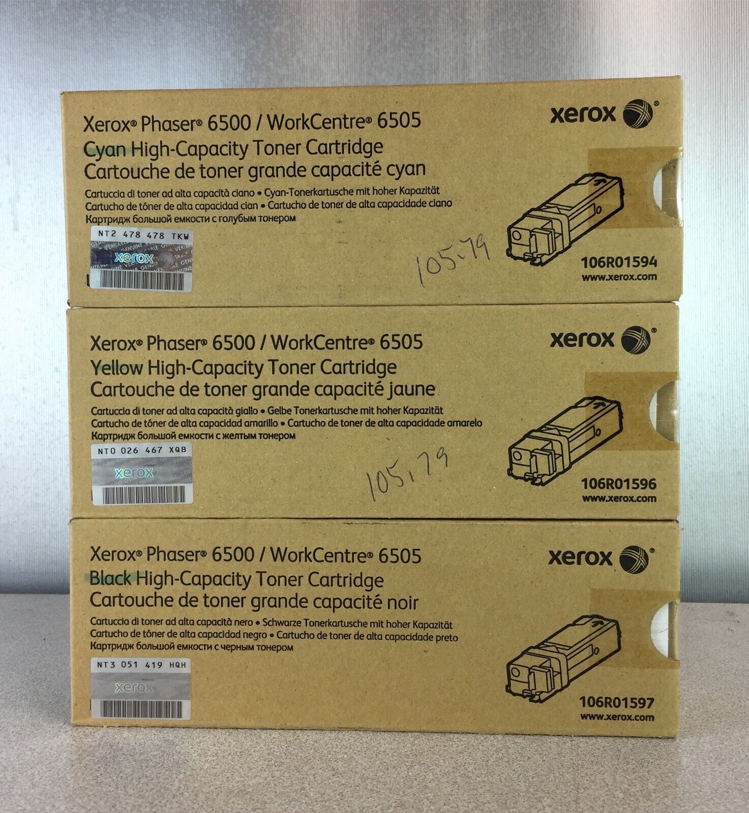 Xerox Phaser 6500 / Work Centre 6505 Yellow, Black, & Cyan Toners (New In Box)