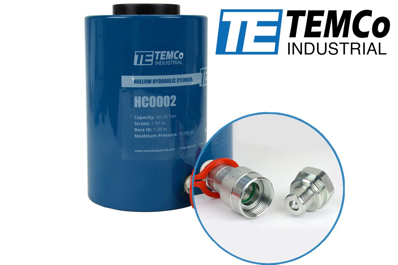 TEMCo Hollow Hydraulic Cylinder Ram 30 TON 2 In Stroke 5 YEAR Warranty
