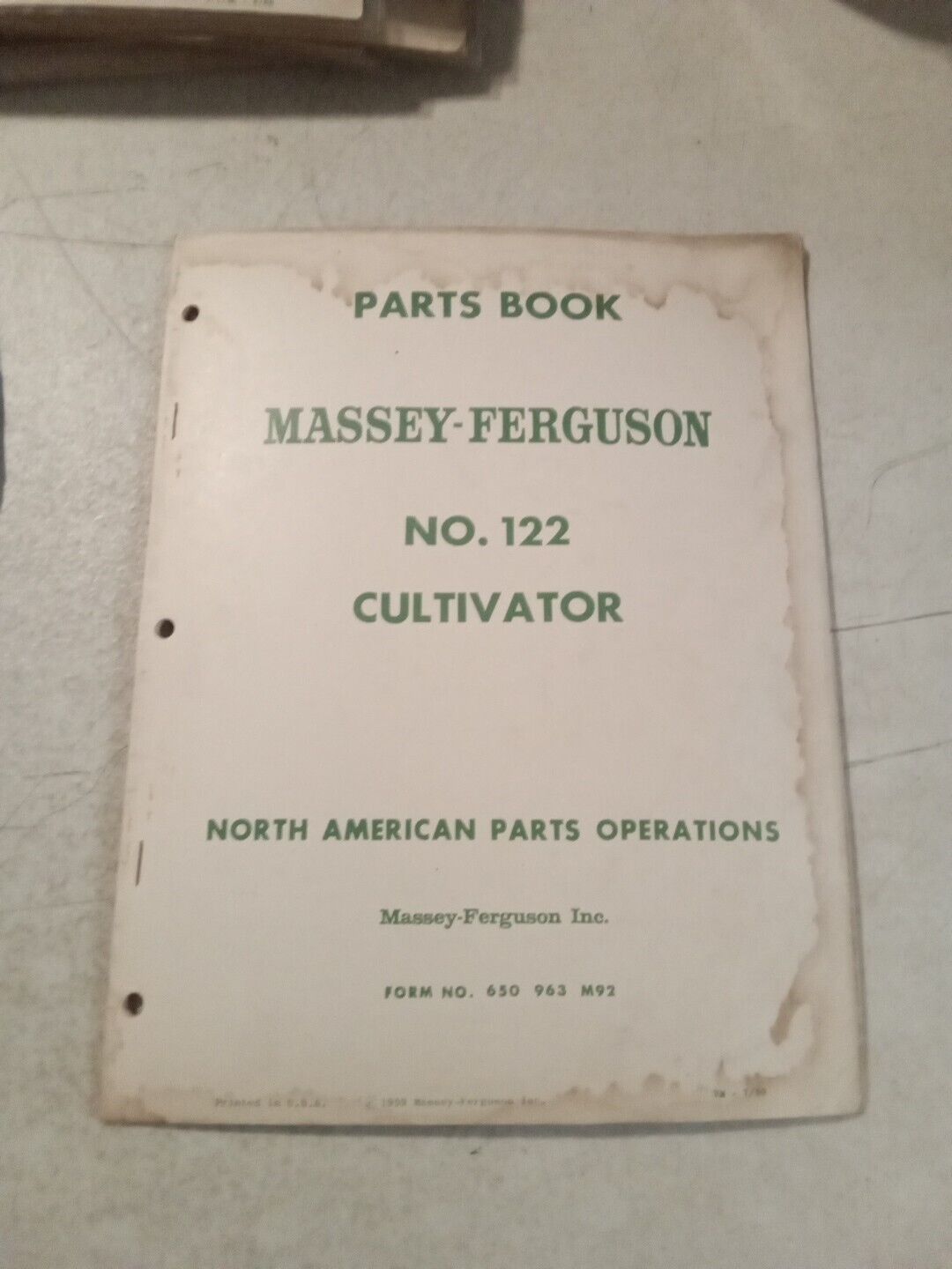 Vintage 1959 Massey Ferguson No 122 Cultivator Parts Book