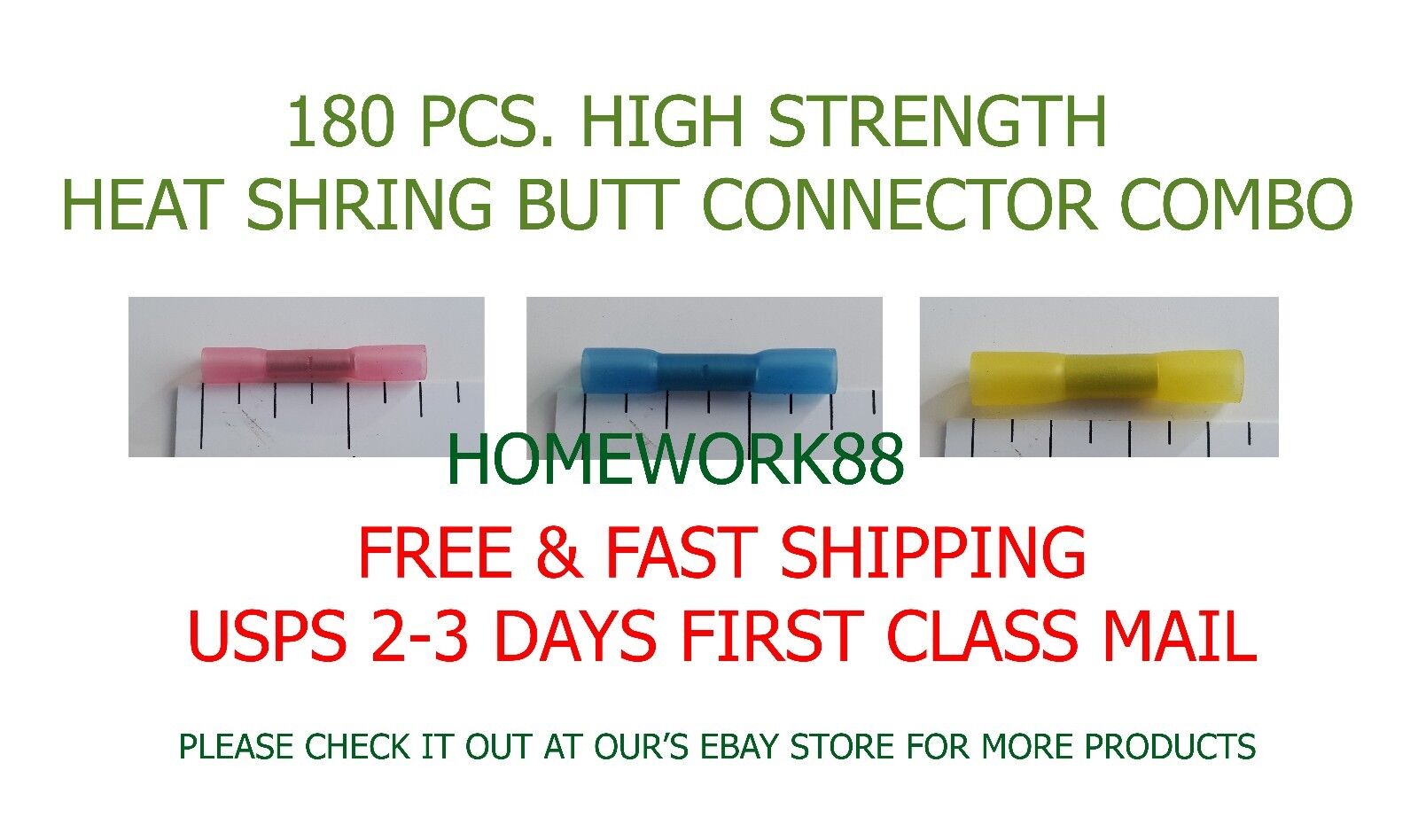 180 PCS HIGH STRENGTH HEAT SHRINK BUTT WIRE CONNECTORS CRIMP 22-18, 16-14, 12-10