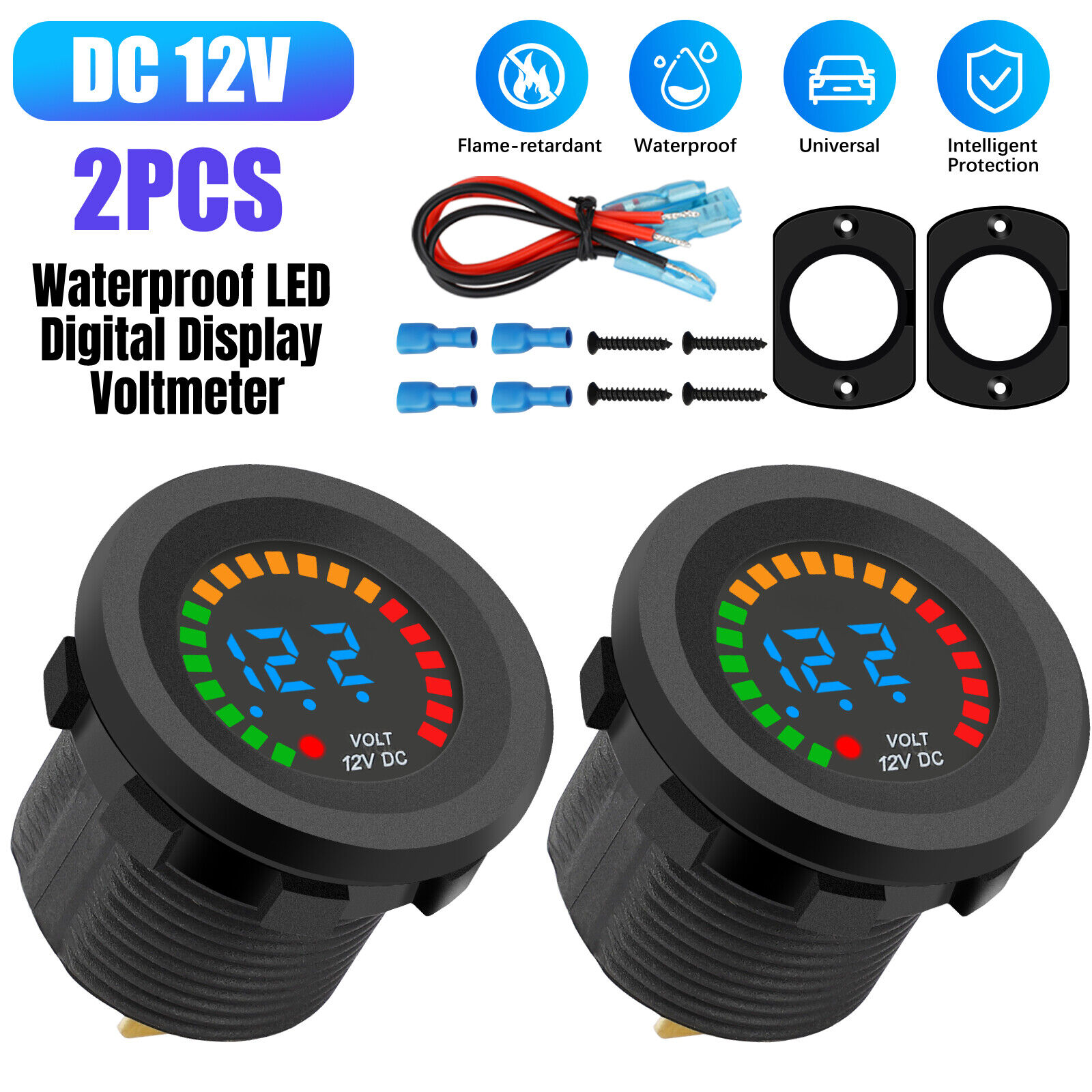 2Pcs Waterproof CAR Battery Meter DC 12V Voltmeter Digital Display Voltage Gauge