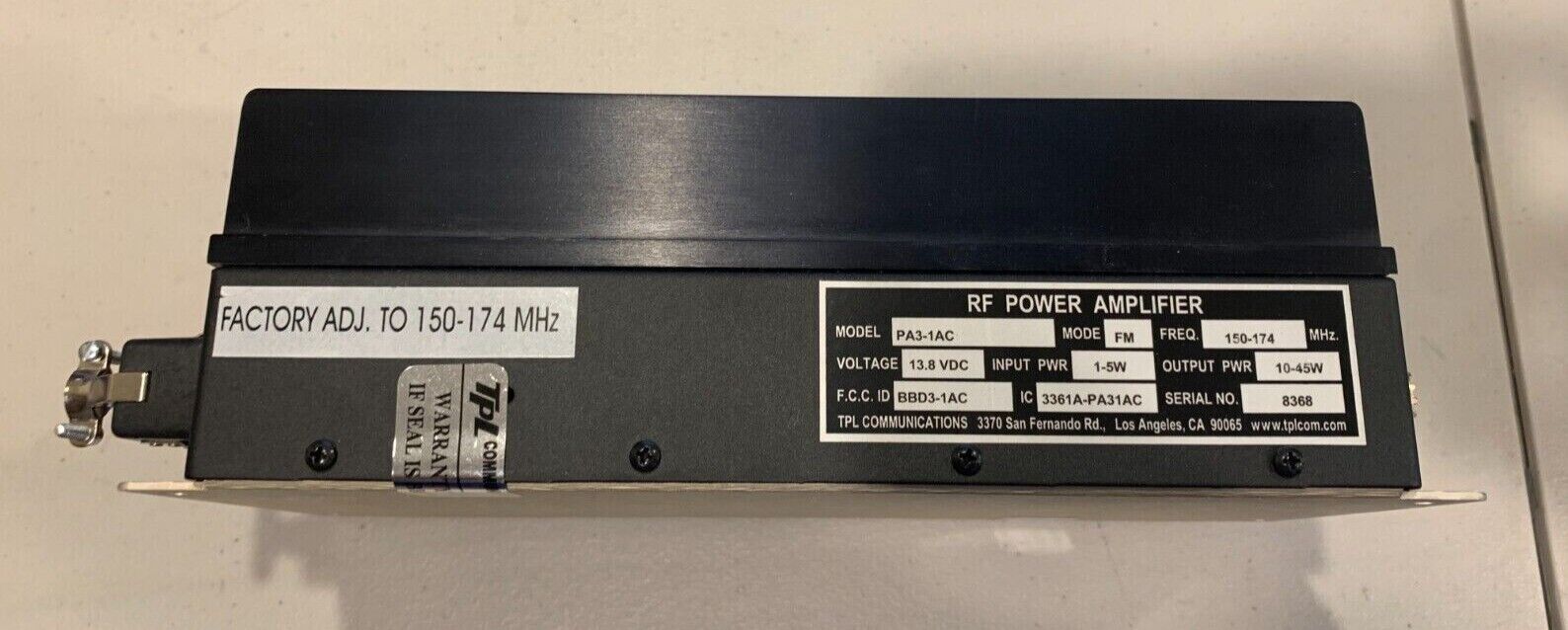 RF Power Amplifier Model PA3-1AC Mode FM Freq 150-174 45 watt, TPL Communication