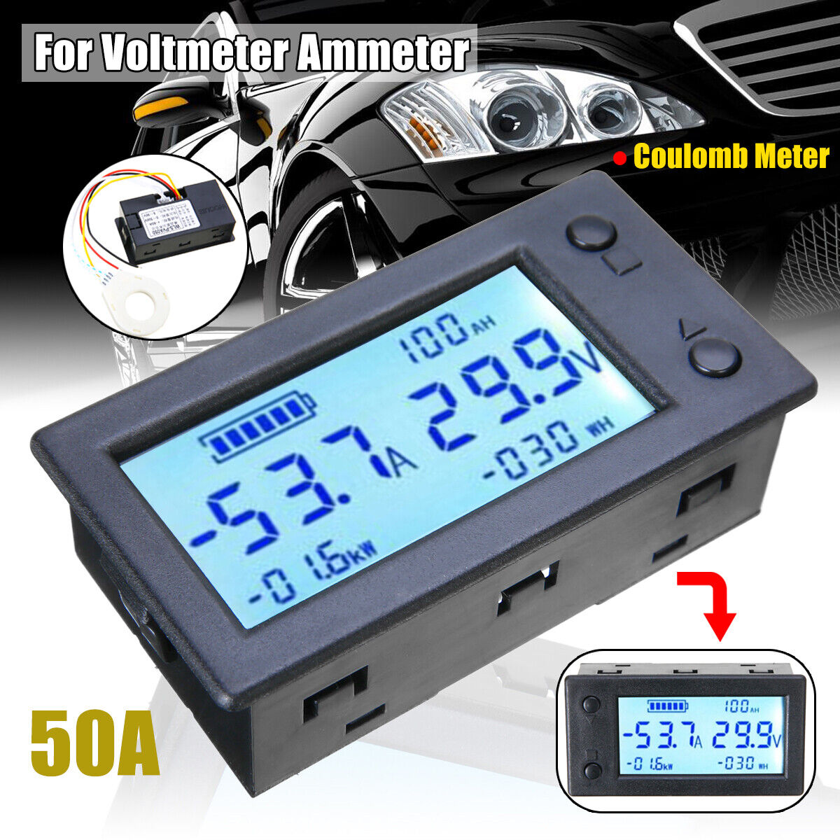 Digital Hall Coulombmeter DC 300V 50A Voltmeter Ammeter Battery Power Meter US