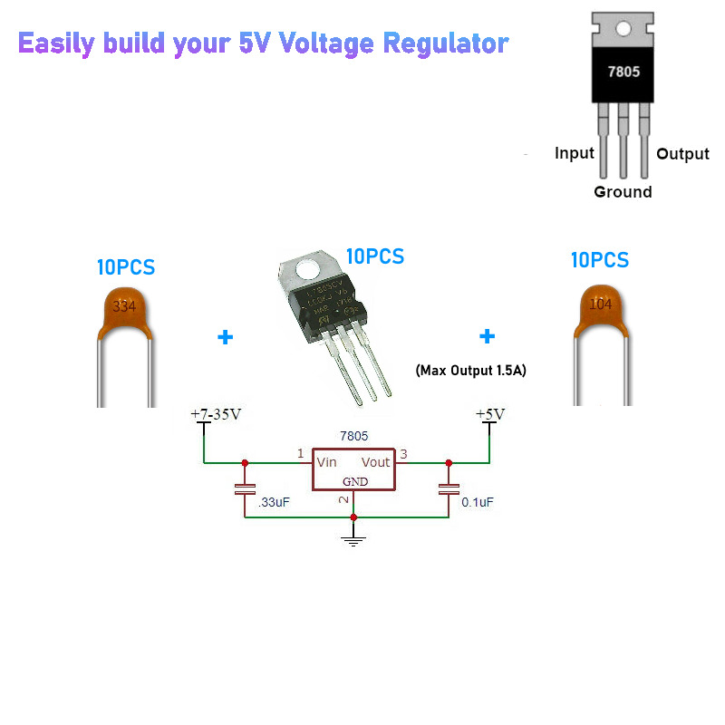 10 Piece  L7805CV L7805 7805 Positive Voltage Regulator 5V 1.5A TO-220 IC  (KIT)