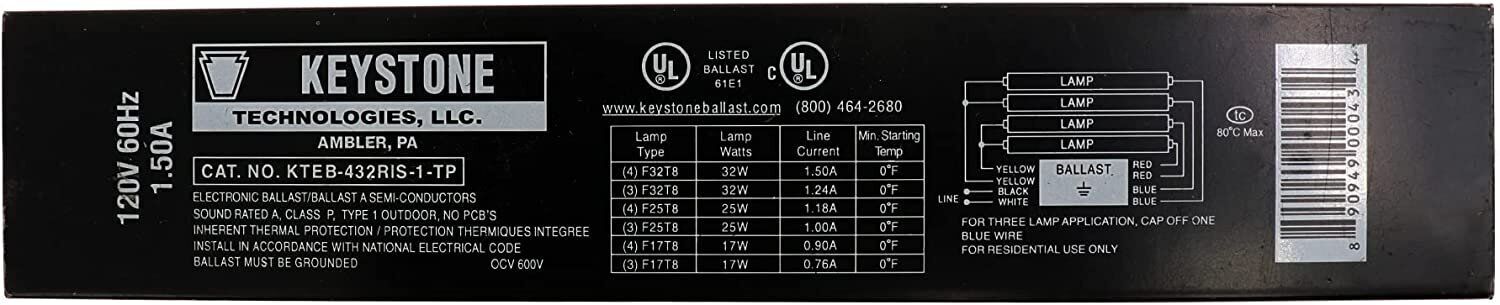 KTEB-432RIS-1-TP-SL 4 Lamp F32T8 120V Electronic Ballast