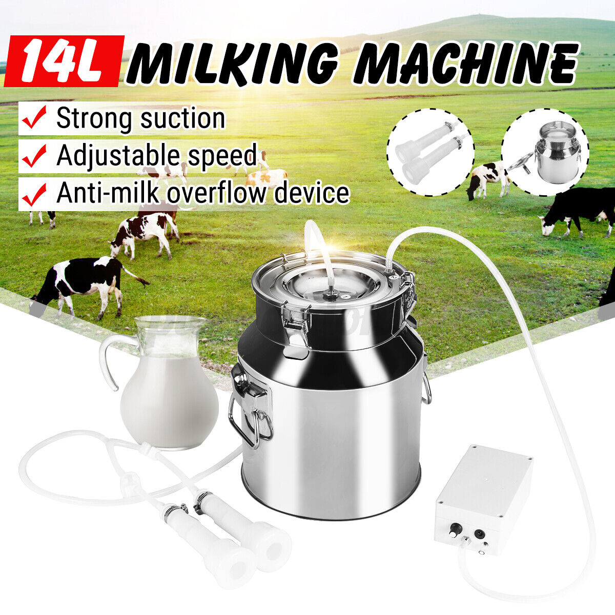 14L Electric Milking Machine Vacuum Pump Stainless Steel Cow Dairy Catt r t