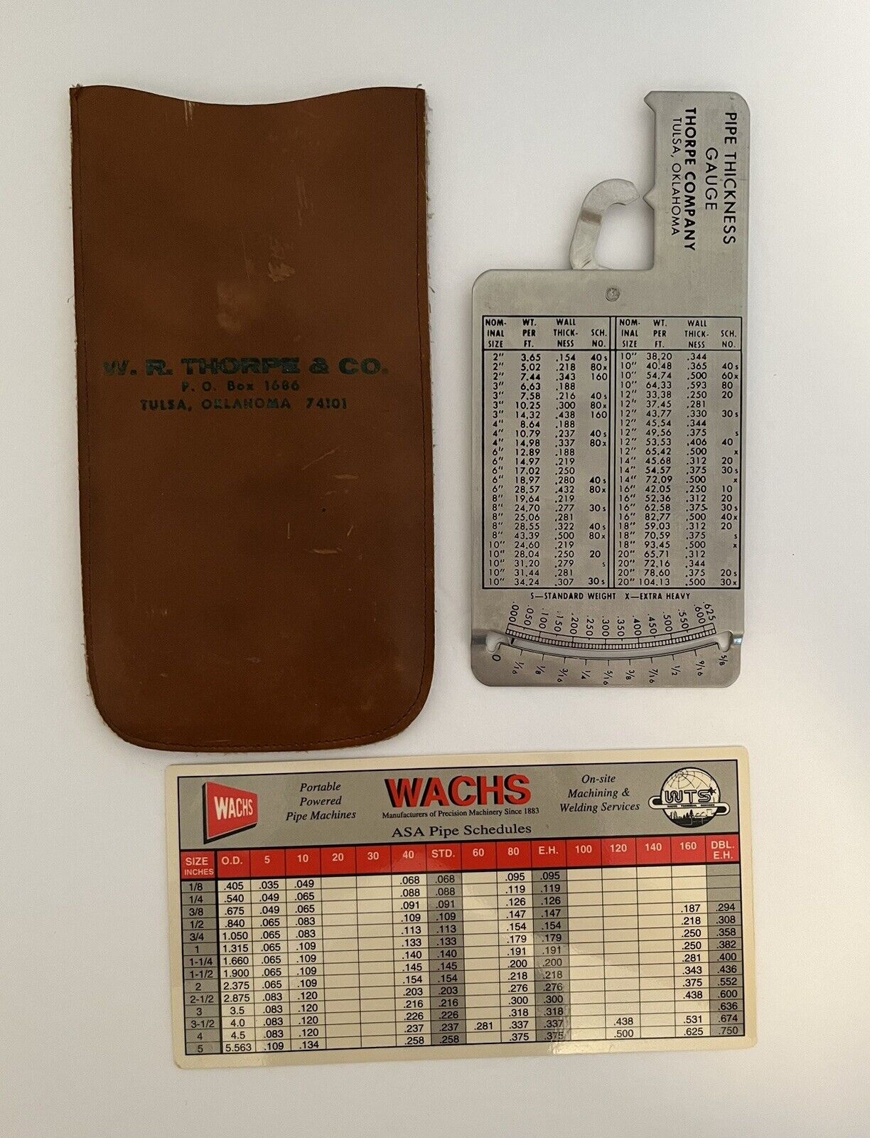 Vintage W. R. Thorpe Co. Pipe Thickness Gauge With Leather Case~Wachs ASA Chart