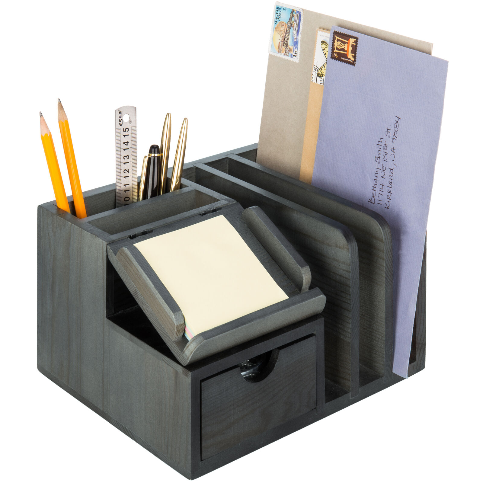Vintage Grey Wood Desktop Organizer w/Sticky Note Pad Holder & Mail Sorter