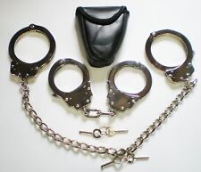 Real Silver Steel Hand & LEG Handcuffs Police Double Locking Cuffs Cuff 4 Keys picture