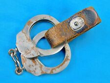  Vintage Old US Handcuffs Cuffs w/ Leather Belt Hanger picture