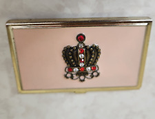 Vintage Metal Business Card Holder Pink Enamel Crown W/Rhinestones Gold  H3 picture