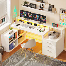 65'' L Shaped Desk Home Office LED Computer Desk with Power Outlets File Cabinet picture