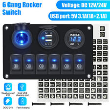 6 Gang Blue LED Toggle Rocker Switch Panel Dual USB for Car Boat Marine RV Truck picture