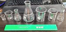 7 pc lot of mini vintage pyrex kimax vitro lab glassware beaker erlenmeyer flask picture